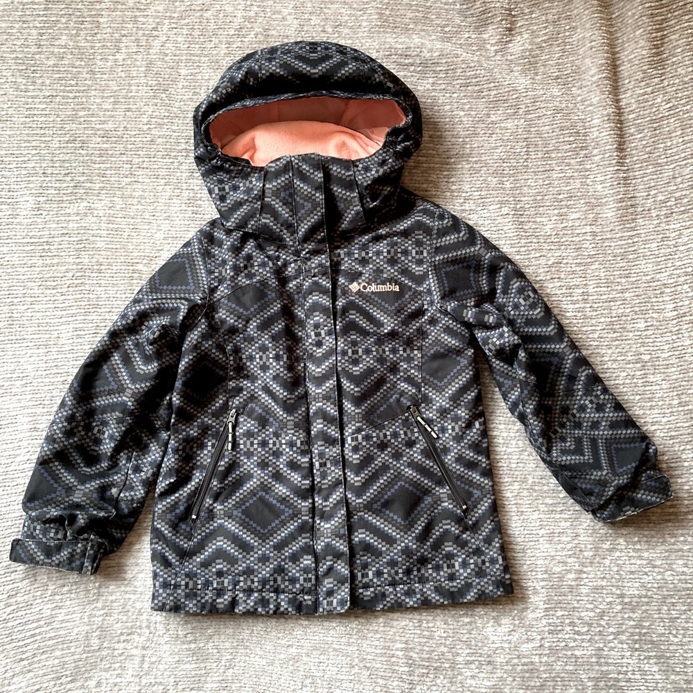 Columbia Girls XS Omni Heat Ski Jacket Black Geometric Hooded Snow Coat